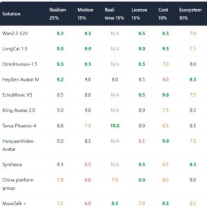 Digital human model comparison table: realism, motion, real-time, license, cost and ecosystem scores for leading talking-avatar solutions