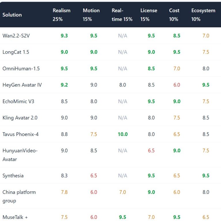 Digital human model comparison table: realism, motion, real-time, license, cost and ecosystem scores for leading talking-avatar solutions