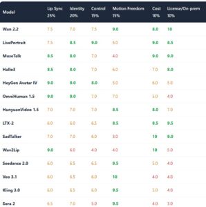 Talking-head vs text-to-video model comparison table: lip sync, identity, control, motion freedom, cost and license scores