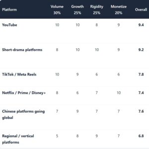 Video dubbing platform opportunity scores: YouTube 9.4, short-drama platforms 9.2, TikTok Meta Reels 7.8, Netflix Prime Disney 7.4, Chinese platforms going global 7.6, regional vertical platforms 6.8