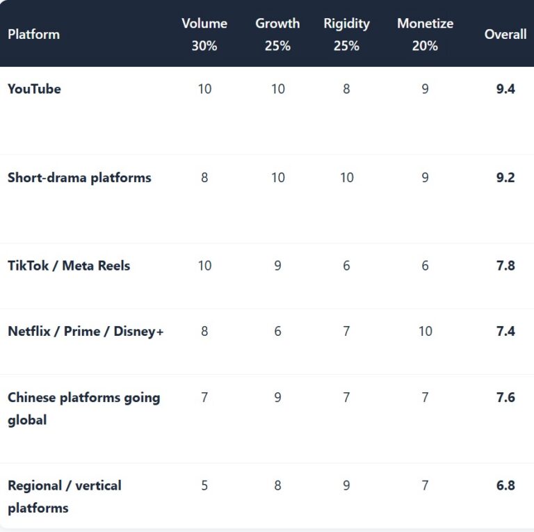 Video dubbing platform opportunity scores: YouTube 9.4, short-drama platforms 9.2, TikTok Meta Reels 7.8, Netflix Prime Disney 7.4, Chinese platforms going global 7.6, regional vertical platforms 6.8