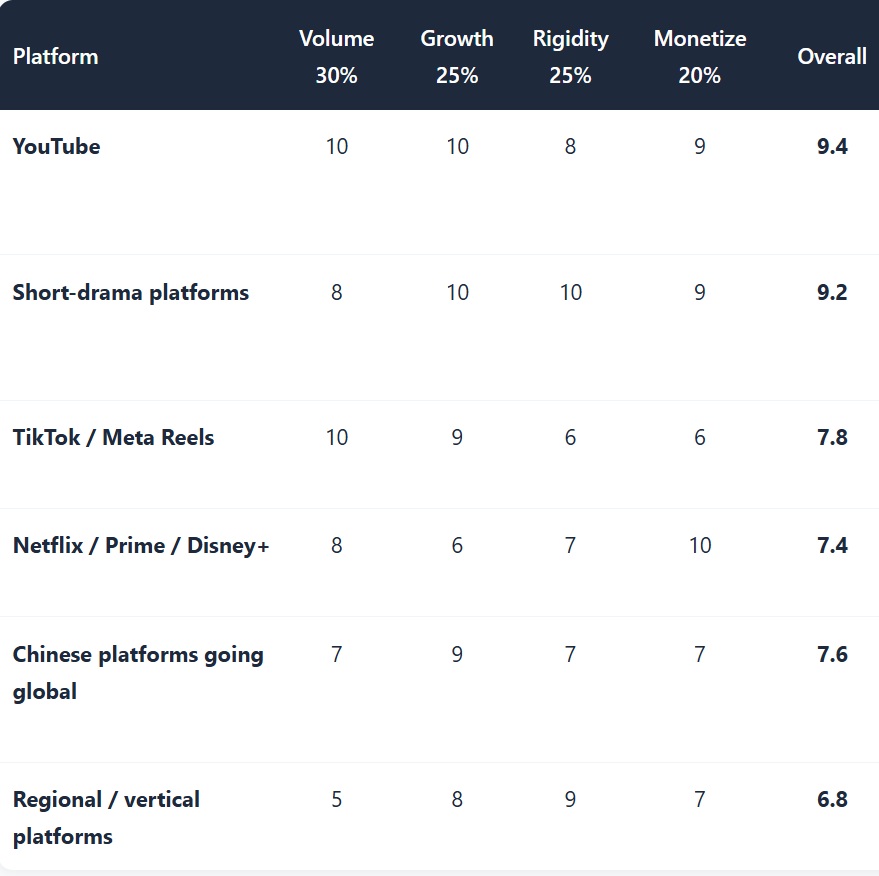 Video dubbing platform opportunity scores: YouTube 9.4, short-drama platforms 9.2, TikTok Meta Reels 7.8, Netflix Prime Disney 7.4, Chinese platforms going global 7.6, regional vertical platforms 6.8