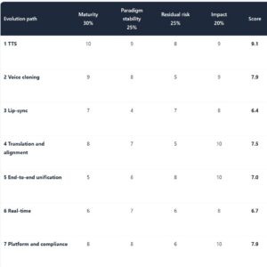 Video dubbing evolution path scores: TTS 9.1, voice cloning 7.9, lip-sync 6.4, translation and alignment 7.5, end-to-end unification 7.0, real-time 6.7, platform and compliance 7.9