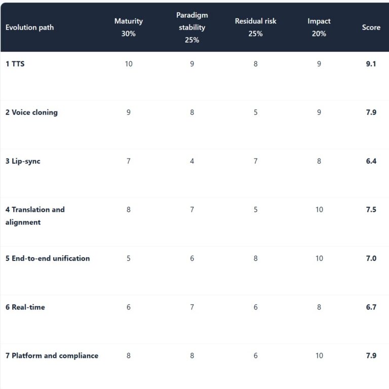 Video dubbing evolution path scores: TTS 9.1, voice cloning 7.9, lip-sync 6.4, translation and alignment 7.5, end-to-end unification 7.0, real-time 6.7, platform and compliance 7.9