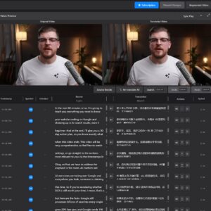 DeepVideo video translation editor: original and translated video side by side with a timestamped subtitle editing table showing English to Chinese translation, speaker labels and speed controls