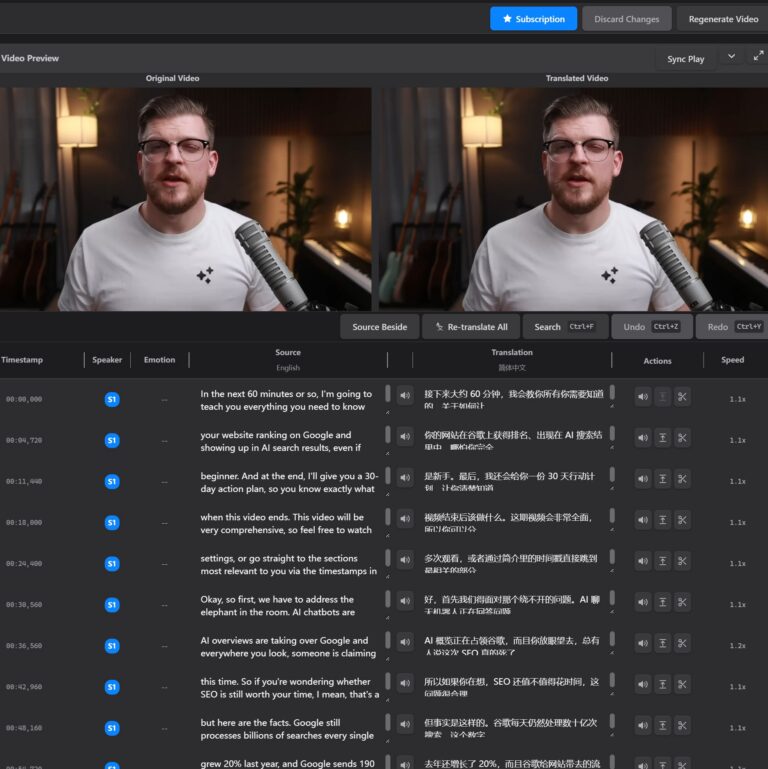 DeepVideo video translation editor: original and translated video side by side with a timestamped subtitle editing table showing English to Chinese translation, speaker labels and speed controls