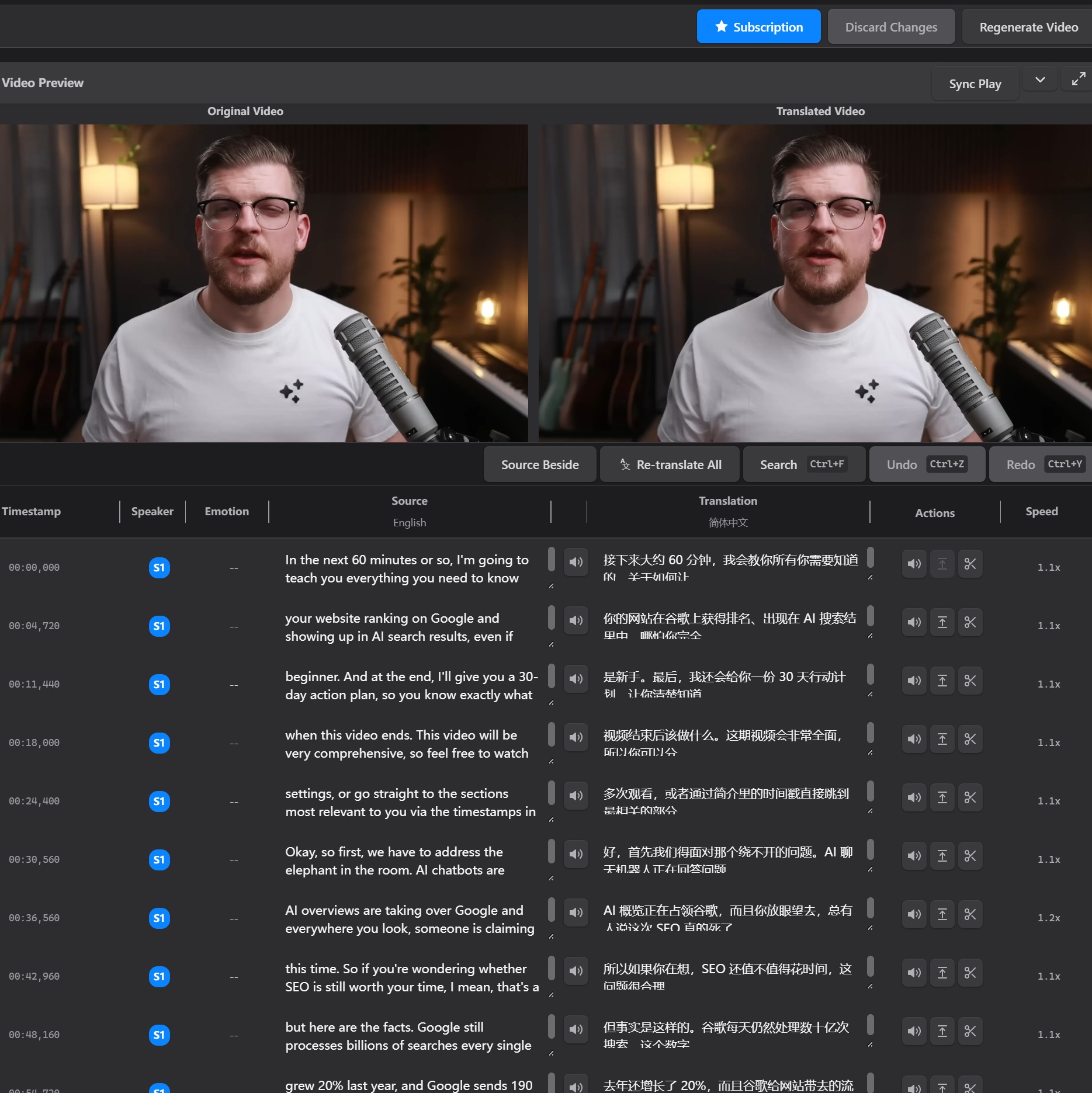 DeepVideo video translation editor: original and translated video side by side with a timestamped subtitle editing table showing English to Chinese translation, speaker labels and speed controls