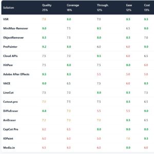 Watermark removal tool comparison table: quality, coverage, throughput, ease and cost scores for VSR, ProPainter, MiniMax-Remover, HitPaw, CapCut and other solutions