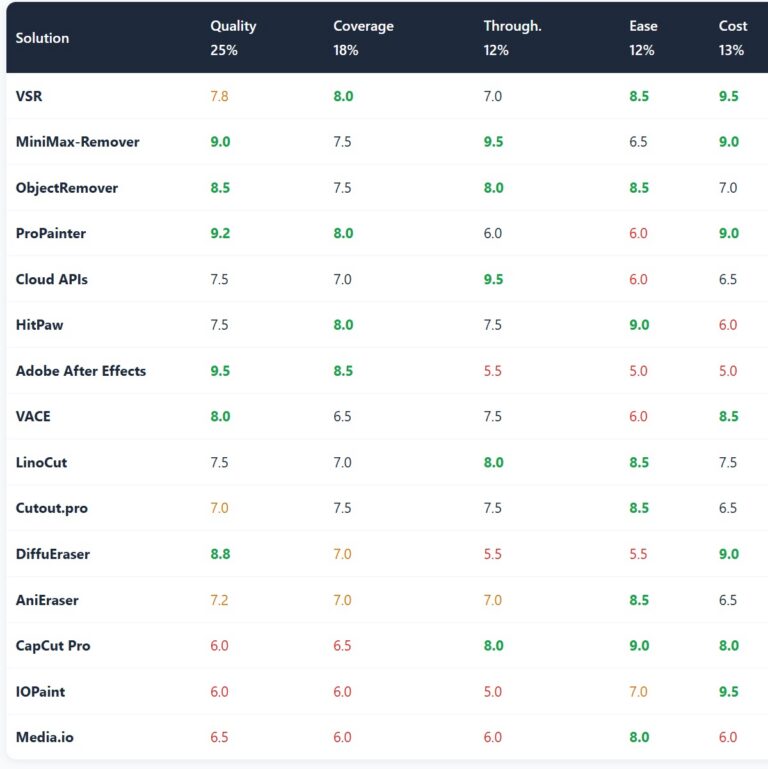Watermark removal tool comparison table: quality, coverage, throughput, ease and cost scores for VSR, ProPainter, MiniMax-Remover, HitPaw, CapCut and other solutions