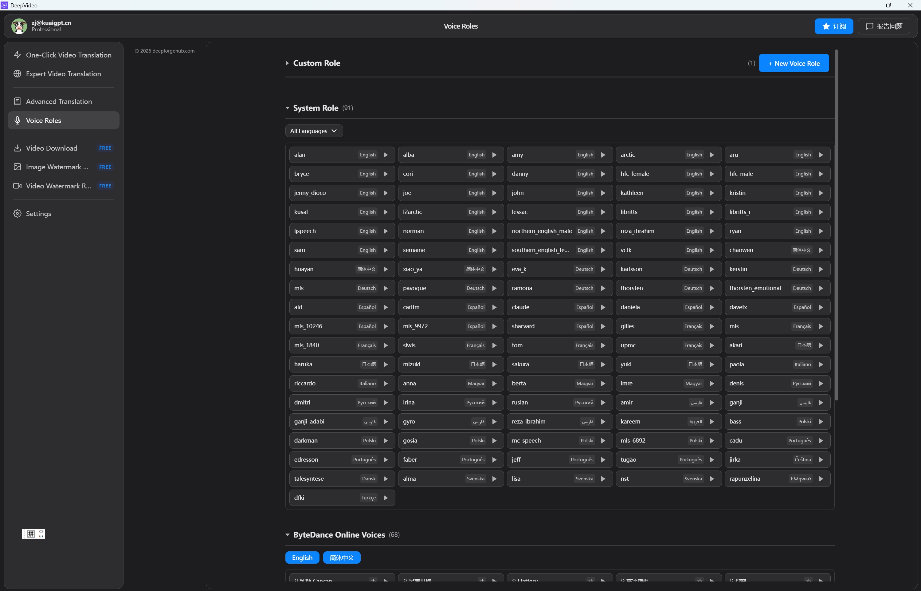DeepVideo 2.0 voice roles library screenshot