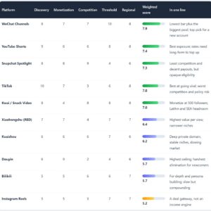 Short-video platform comparison: weighted opportunity scores ranking WeChat Channels, YouTube Shorts, Snapchat Spotlight, TikTok, Kwai and more