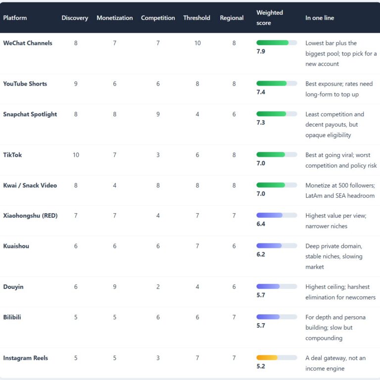 Short-video platform comparison: weighted opportunity scores ranking WeChat Channels, YouTube Shorts, Snapchat Spotlight, TikTok, Kwai and more
